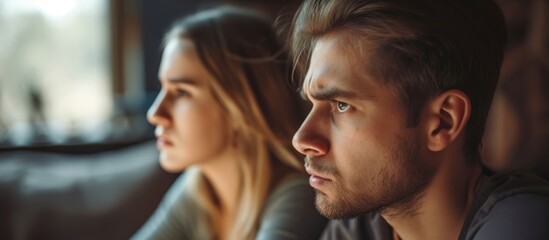 Unhappy couple discussing relationship problems in a negative mood.