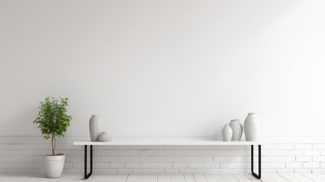 Minimalist mock up poster, desktop and canvas in vintage interior room, on white brick wall background. Studio shot, for display image photo mock up. 