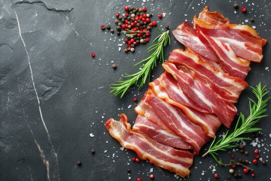 Fresh bacon strips as a rustic appetizer meal on a table with copy space background