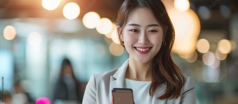 Wall mural Attractive young Asian businesswoman happily using a cellphone at work.