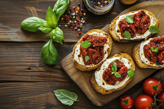 Delicious bruschetta with sun dried tomatoes cream cheese balsamic vinegar on wooden table