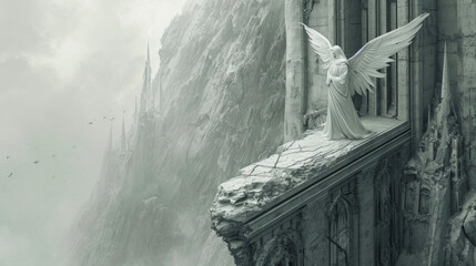 An ethereal figure halfangel and halfgargoyle stands on the edge of a broken tower its wings blending in with the stone carvings.