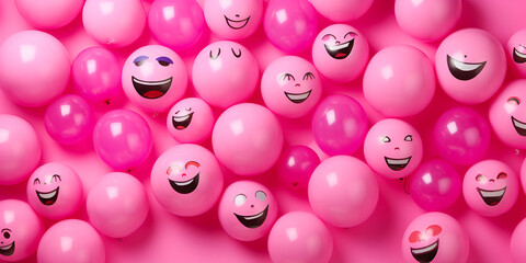 Happy and laughing emoticons 3d rendering background, social media and communications concept. Happy Family Balloon Emoji With A Pink Background