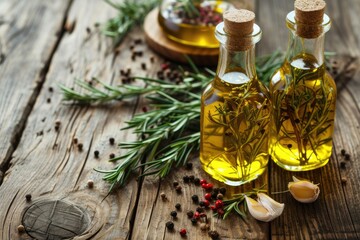 Rosemary and pepper infused olive oil on wooden background