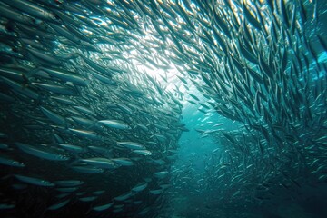 Diving in Cortez Sea amidst a massive bait ball of sardines - obrazy, fototapety, plakaty