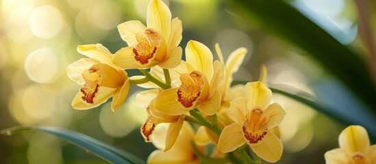 Close-up of yellow Cymbidium hybrid Orchid flowers in the garden. - obrazy, fototapety, plakaty