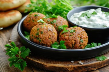 Falafel and tzatziki on black plate wood table