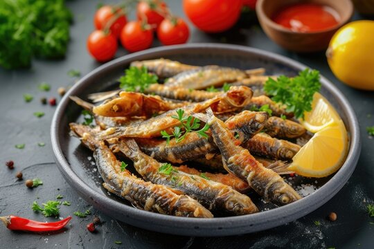 Fried tiny sea fish anchovies and sardines placed closely on a table Horizontal view