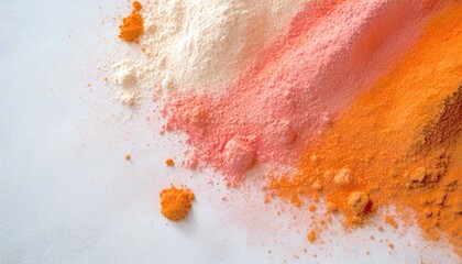 closeup image of orange and pink colorant powder texture on white paper background / wallpaper,