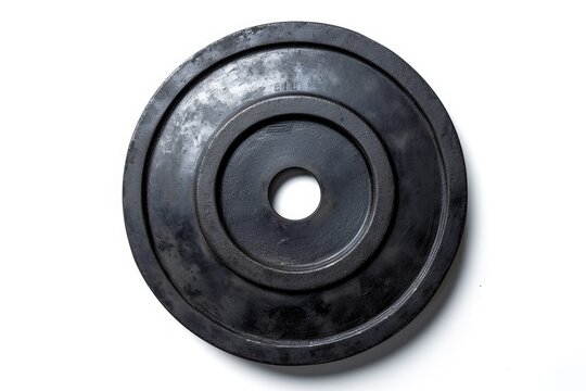 Top view of a black iron weight plate alone on white background