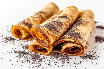 Poppy seed roll ups with sweet crepe White backdrop