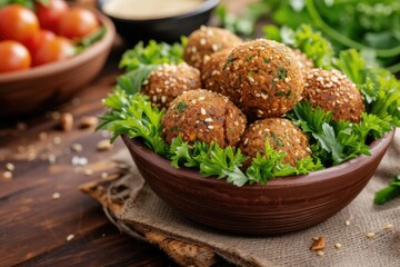 Arabic food Isolated dish with stuffed falafel and sesame seeds on a table - obrazy, fototapety, plakaty