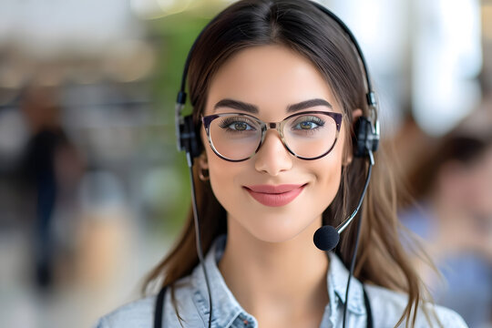 Woman call center officer wearing microphone headset and happy working with a friendly face