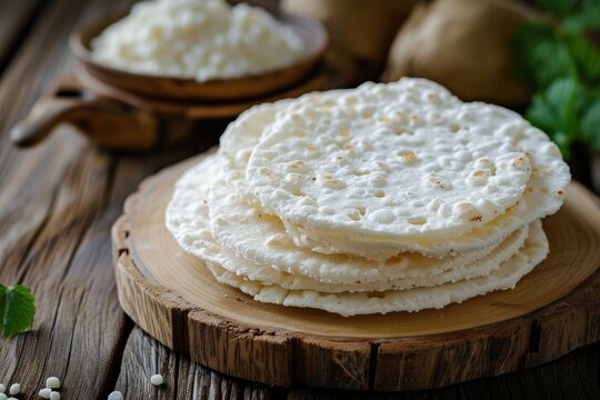 Wooden background with selective focus of cassava flatbread casabe bammy beiju bob biju