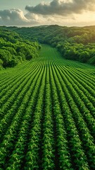 view from above of a lush, green field being watered - obrazy, fototapety, plakaty