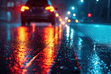 City night rain car drives towards headlights close up asphalt view - obrazy, fototapety, plakaty