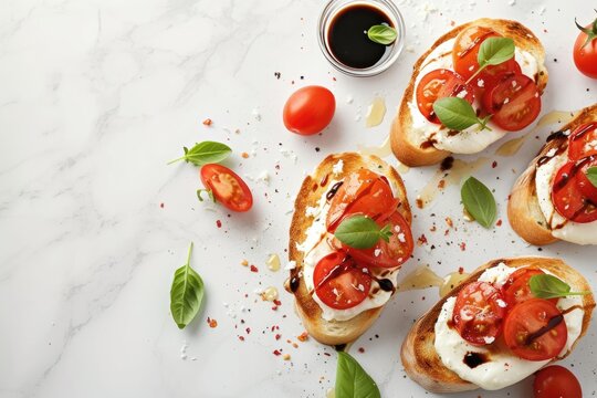 Text space available closeup shot of bruschettas with mozzarella tomatoes and balsamic vinegar on a white marble table