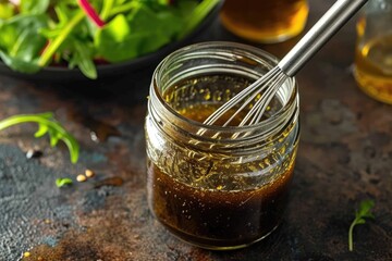Salad dressing in a tiny jar whisk included