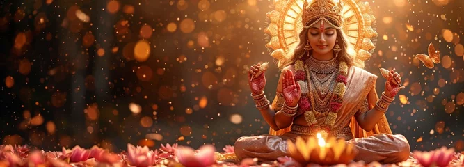 Tuinposter gives the Hindu goddess Laxmi, a representation of wealth and prosperity, a celestial halo and a lotus seat. © tongpatong