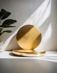 modern and abstract minimal scene unfolds, a round golden podium soft white wall background, abstract minimal golden podium 