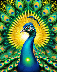 Psychedelic Peacock - Close-up of a vibrant peacock with a UFO model in a kaleidoscopic display Gen AI - 726039336