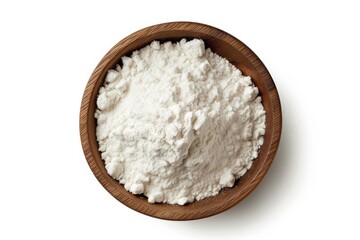 Top view of tapioca starch powder in wooden bowl on white background with clipping path