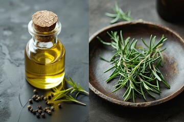 Bottle of rosemary oil and plate with fresh rosemary