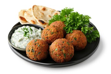 Isolated falafel on white plate with parsley and tzatziki sauce - Powered by Adobe