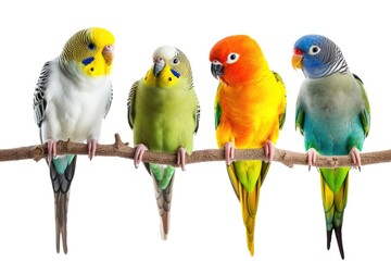 White background with isolated parrots and parakeets