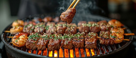 barbecue party in the Japanese style. Grasping Wagyu beef and prawns barbecued on a hot charcoal grill with chopsticks in a mall restaurant - obrazy, fototapety, plakaty
