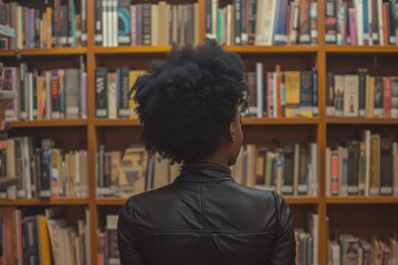 Black woman from behind looking at the shelf of books in a library, concept of knowledge, studies and learning.