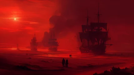 Poster Shadowy Figures and Haunting Ships at Red Sundown - Nautical Fantasy Art  © ConceptArtist