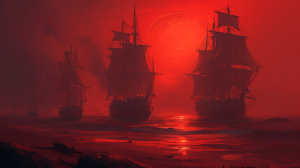 Ethereal Fleet in the Crimson Mist - Surreal Maritime Illustration
