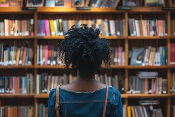 Black woman from behind looking at the shelf of books in a library, concept of knowledge, studies and learning.
