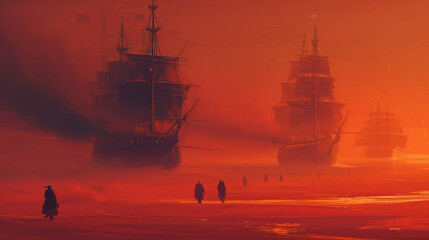 Mystical Fleet on Crimson Seas - Enigmatic Nautical Illustration
