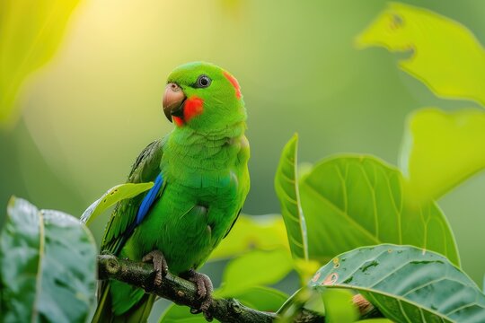 Beautiful small parrot Loriculus galgulus found in Eastern Asian forests and woodlands Malaysia