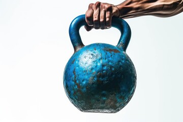 Muscular hand gripping a heavy blue kettlebell prepared for intense workout partially isolated on white