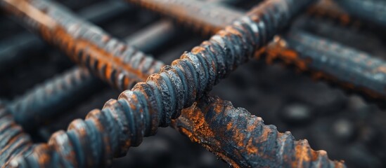 Selective focus allows for close-up images of metal rebar construction, specifically steel rods bars used to reinforce concrete.