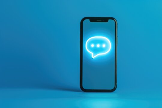Chat bubble icon on cell phone screen, blue background, communication concept, online conversation.