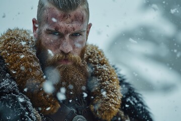 Norse warrior viking man with falling snow, Norse mythology and fantasy concept.