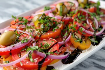 Heirloom tomato salad with onions olives herbs and balsamic glaze