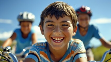 A young boy riding his bike with his friends grinning from ear to ear.