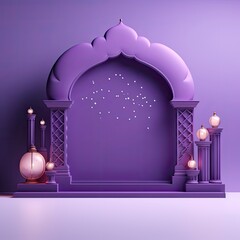 3d render modern Islamic holiday banner in purple design, flat background, Display podium with Ramadan lantern, copy space for text, with generative ai