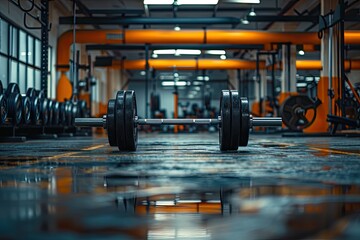 Gym with barbell weights and equipment for fitness bodybuilding and training muscles in empty room for exercise and performance - obrazy, fototapety, plakaty