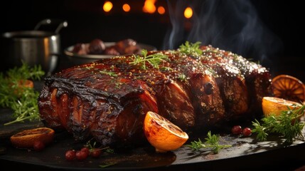 Realistic grilled barbeque with melted barbeque sauce and cut vegetables, black and blur background