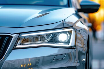 Close up of headlights detailing a silver car parked on the road