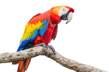 Colorful Scarlet Macaw perched on branch with white background and clipping path