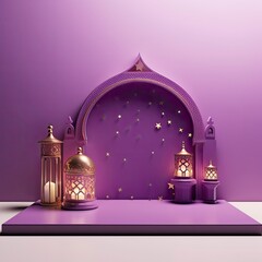 3d render modern Islamic holiday banner in purple design, flat background, Display podium with Ramadan lantern, copy space for text, with generative ai