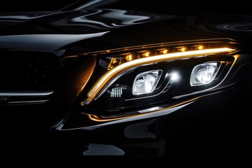 LED headlight on black background with space for text on left