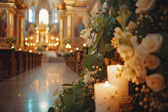 Wedding day details Church decor with plants candles and grainy film texture